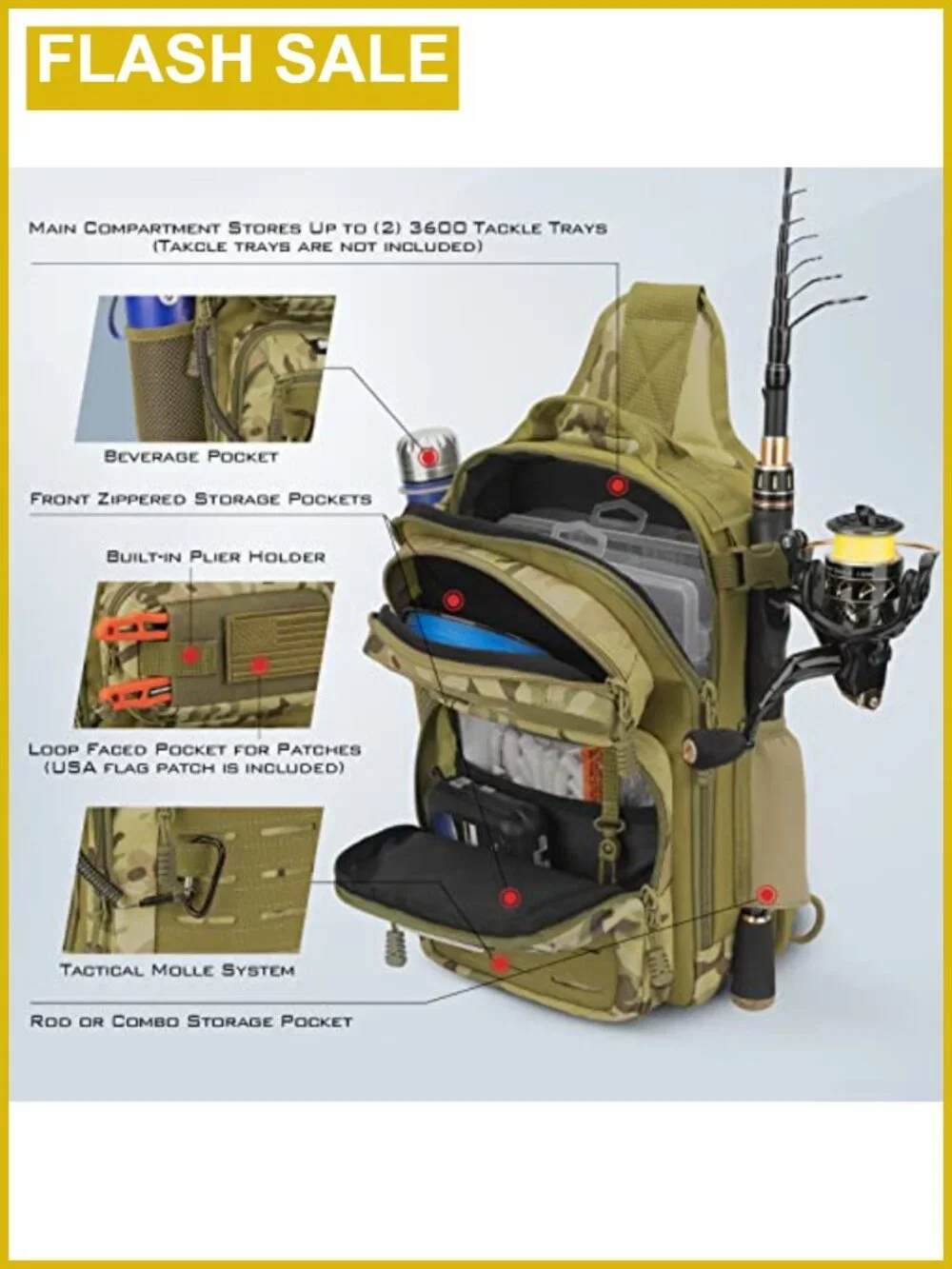 Fishing Sling Backpack with Rod Holder, Tactical Molle System, Water Repellent,